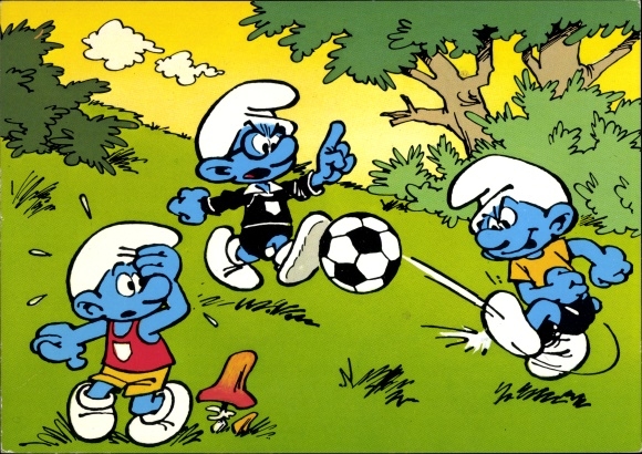 Postcard The Smurfs play football