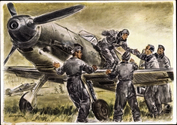 Künstler Ak Deutsche Luftwaffe, Kampfflugzeug Messerschmitt Me 109 E nach getaner Arbeit