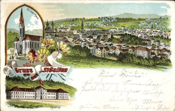 Chromo-Litho Sankt Gallen City Switzerland, general view, St. Leonhard, barracks