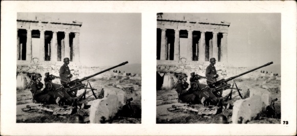 Stereo spatial image photo flying and winning No. 73, flak on the Acropolis