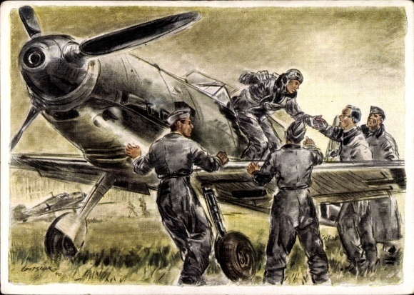 Künstler Ak Gotschalk, Deutsche Luftwaffe, Kampfflugzeug Messerschmitt Me 109 E nach getaner Arbeit