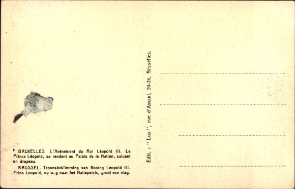 Postcard Bruxelles Brüssel, The Advent of King Leopold III, Palace of the Nation