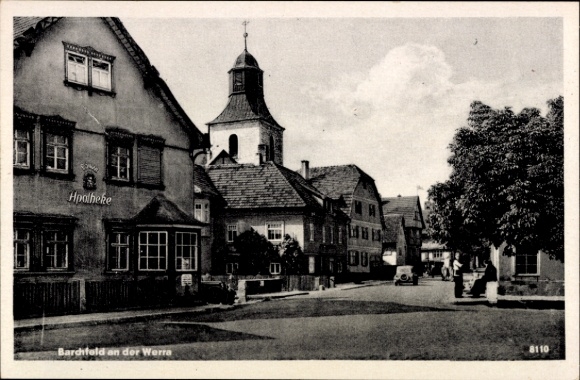 Postcard Barchfeld an der Werra, street section, Löwen Pharmacy