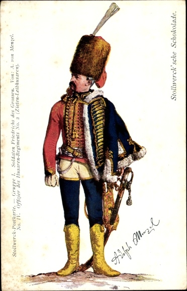 Künstler Ak Menzel, Adolph, Stollwerck Schokolade, Offizier, Husaren Regiment No. 2