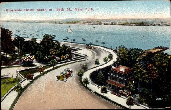 Ak Hudson New York USA, Riverside Drive, Hudson River, auto, bloemen,