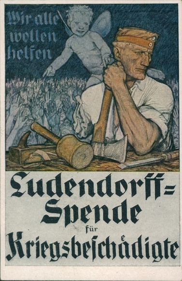 Artist PC Ludendorff donation for war invalids, amputee soldier as a carpenter