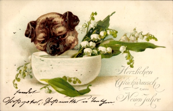 Ak Glückwunsch Neujahr, Hund, Maiglöckchen