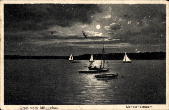Postcard Berlin Köpenick, Müggelsee, moonlight night, sailing boats on the Müggelsee
