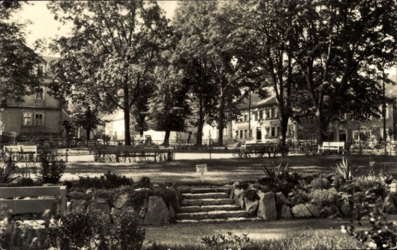 Postcard Elgersburg in Thuringia, spa park, climatic health resort Thuringian Forest, trees, benches, stairs