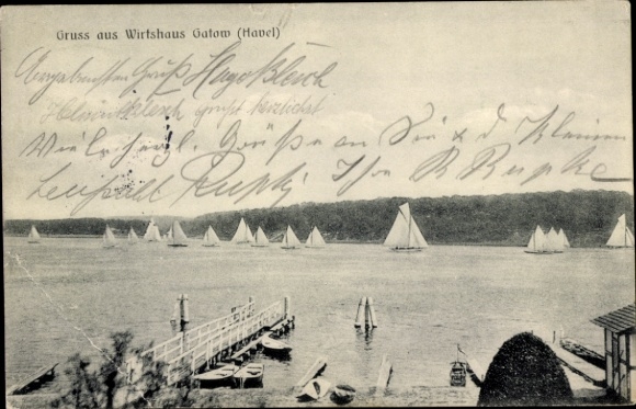 Postcard Berlin Zehlendorf Nikolassee, Lindwerder Island, Havel, Gatow tavern, pier, sailing boat