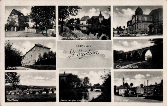 Ansichtkaart St. Egidien Saksen, Kreilhuis, Lungwitzpartie, kerk, HJ landelijk dienstkamp, brouwerij