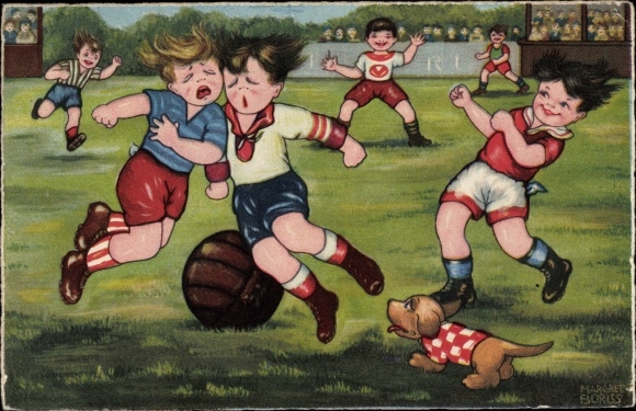 Artist PC Boriss, M., football game, collision, dog, viewers