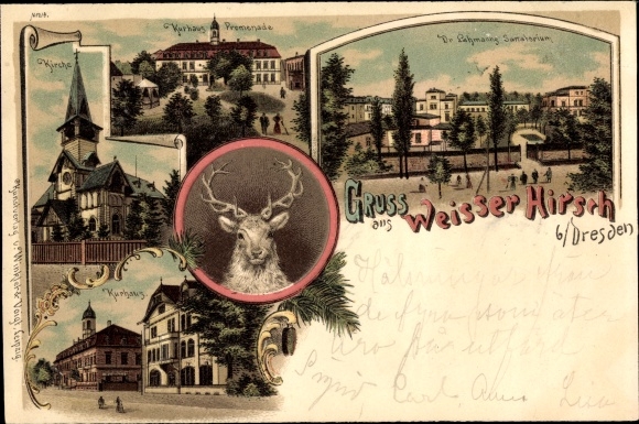 Litho Dresden Weißer Hirsch, Kirche, Kurhaus, Promenade, Sanatorium