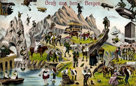 Zukunft Ak Gruß aus den Bergen, Alpen, Bergsteiger, Ballon, Gebirgsmarine, Hochhaus