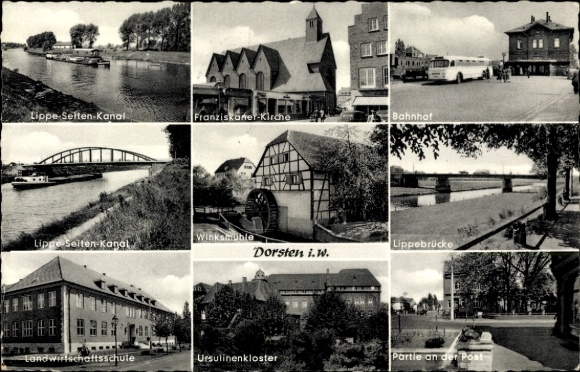 Postcard Dorsten in Westphalia, Franciscan church, train station, Winksmühle, Ursuline monastery, school