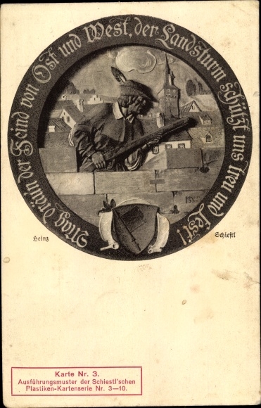 Postcard plastic by Heinz Schiestl, brother of Matthäus, man with gun, Landsturm, relief