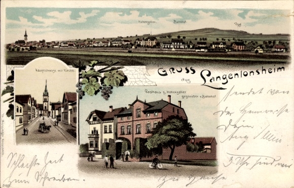 Chromo-Litho Langenlonsheim on the Nahe Palatinate, general view, main street, church, guesthouse of the Hohenzollern