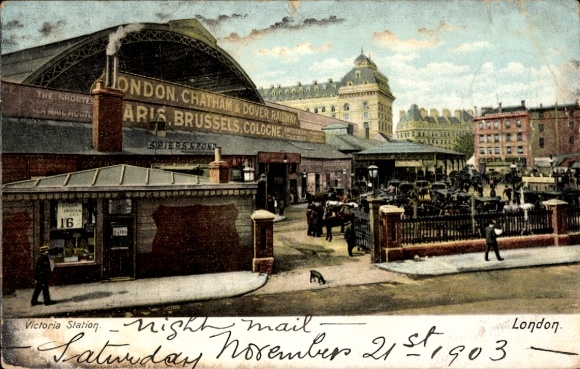PC London City England, Victoria Station, night postal service, illustrations of trains, Da...
