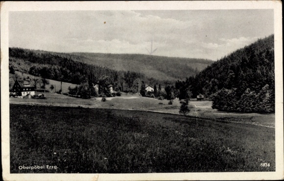 Postcard Oberpöbel Dippoldiswalde Saxony, landscape with forests, meadows, and houses, black and white photo