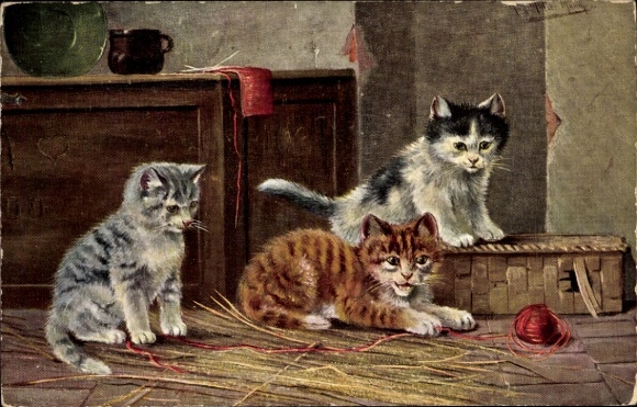 Artist Postcard Müller, August, Kittens playing with a ball of wool