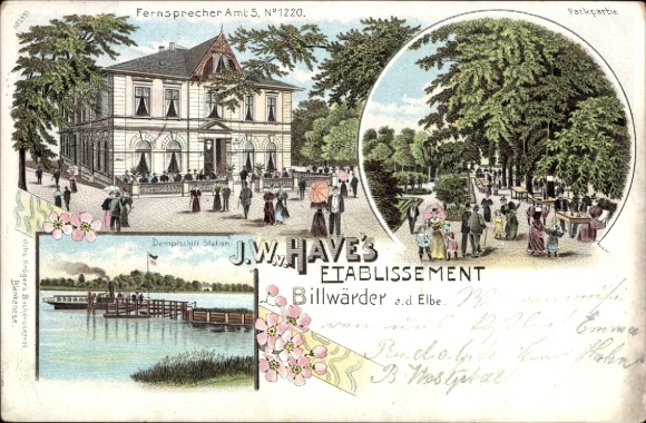 litho Hamburg Bergedorf Billwärder, JW Have vestiging, park, stoombootstation
