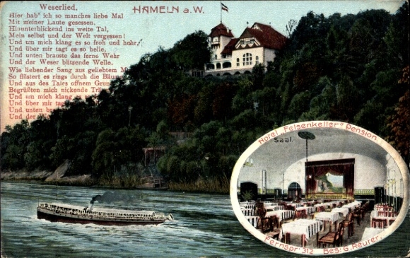 Postcard Hameln on the Weser, Hotel Felsenkeller, Weserlied, steamer