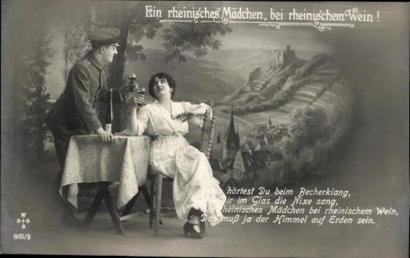 Set of 6 AK lovers drinking wine at the dining table/a Rhenish girl, with Rhenish wine!