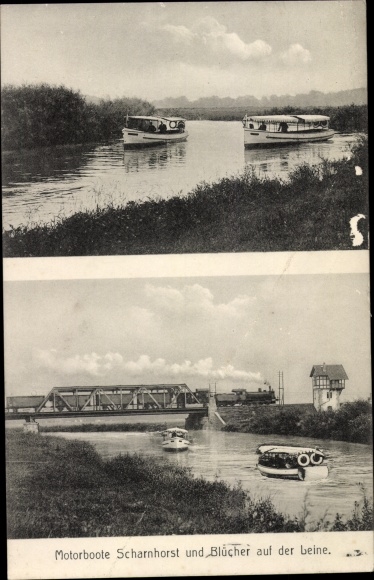 Postcard Rethen Laatzen on the leash, motor boats Scharnhorst and Blücher