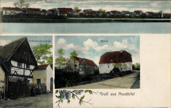 Postcard Neudörfel Räckelwitz Oberlausitz, general view, pub, mill