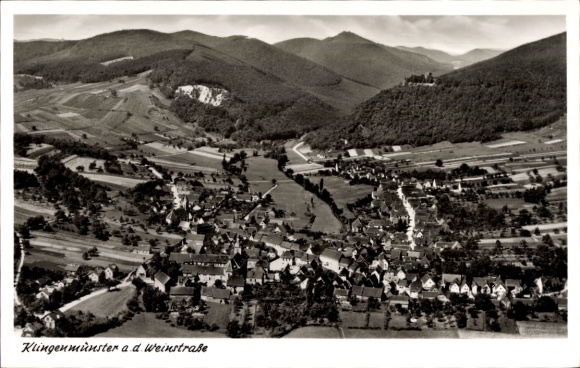 Postcard Klingenmünster on the Palatinate Wine Route, aerial view with vineyards, houses, hills