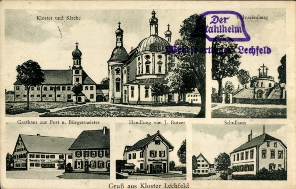 Postcard Kloster Lechfeld, monastery church, Calvarienberg, Gasthaus zur Post, shop J. Butzer, school