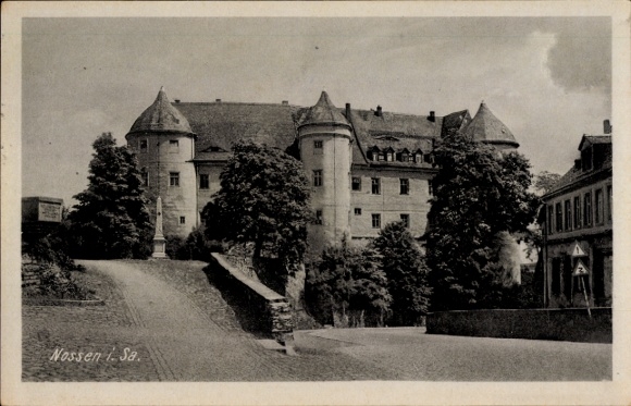 Postcard Nossen in Saxony, castle building complex, trees, street view