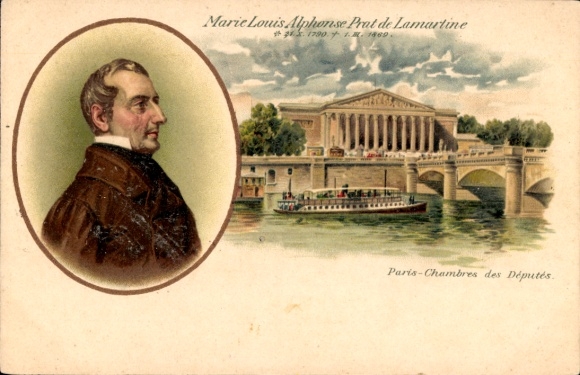 Chromo-Litho Postcard Paris, Chamber of Deputies, portrait Marie Louis Alphonse Prat de Lamartine, 1790-1869