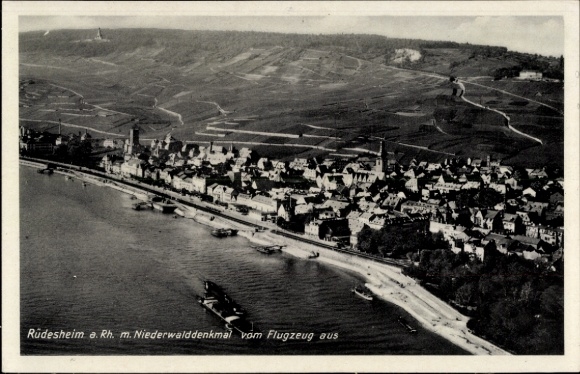 Postcard Rüdesheim am Rhein, city view with Rhine, Niederwald Monument, aerial photograph