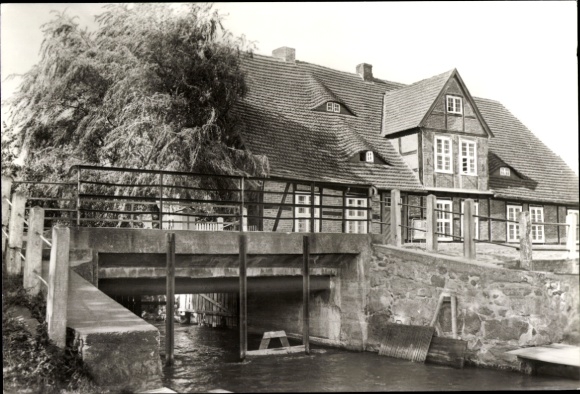 Postcard Goldberg in Mecklenburg, district museum, bridge, half-timbered house