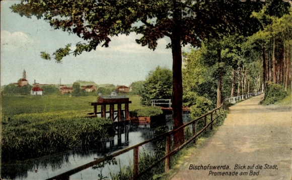 Postcard Bischofswerda in Saxony, city view, promenade at the bath