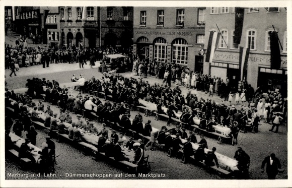 Postcard Marburg an der Lahn, market square, twilight drink, many people, seats