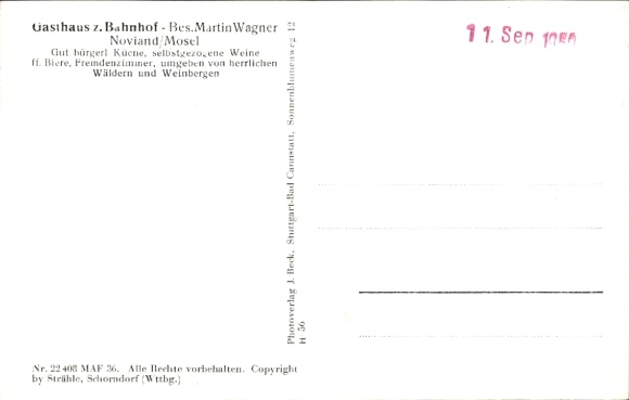Postcard Noviand on the Moselle, aerial photograph, station restaurant