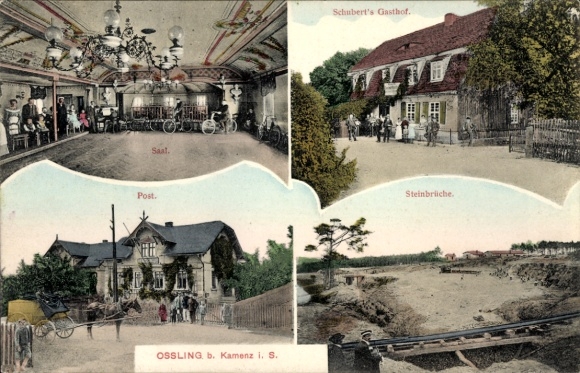 Ak Oßling Ossling in der Oberlausitz, Saal, Post, Schubert's Gasthof, Steinbrüche