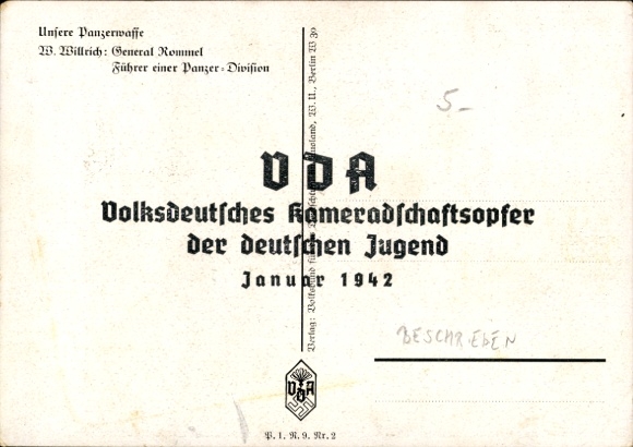 Artist Postcard Willrich, Wolfgang, Major General Rommel, Knight's Cross holder, Panzer Division, VDA