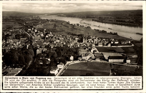 Postcard Geisenheim am Rhein Hessen, aerial view of Rheingau, old church, winegrowing