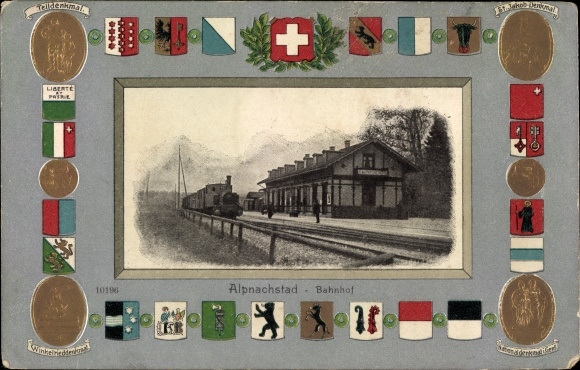 Embossed Coat of Arms Passepartout PC Alpnachstad Kanton Obwalden, Bahnhof, Eisenbahn