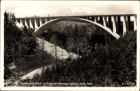 Postcard Hermsdorf in Thuringia, Teufelstal Bridge on the Jena-Gera Reichsautobahn
