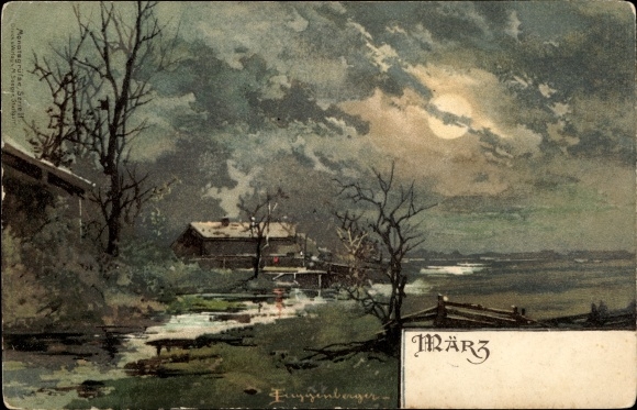 Artist Chromo-Litho Guggenberger, Allegory of March, Mars, Landscape in the Moonlight