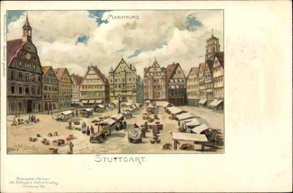 Artist Chromo-Litho Münch, C., Stuttgart am Neckar, market square