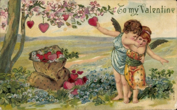 Embossed Postcard Congratulations Valentine's Day, Love Angel, Hearts, Flowers