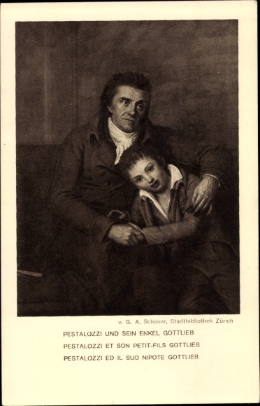 Ganzsachen Künstler Ak Schöner, G. A., Schweizer Bundesfeier 1914, Pestalozzi mit Enkel Gottlieb