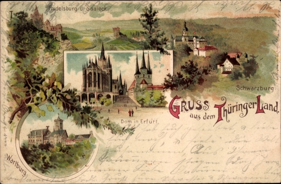 Chromo-Litho Thuringia, Schwarzburg, Bad Kösen Naumburg Rudelsburg and Saaleck, Erfurt Cathedral, Wartburg