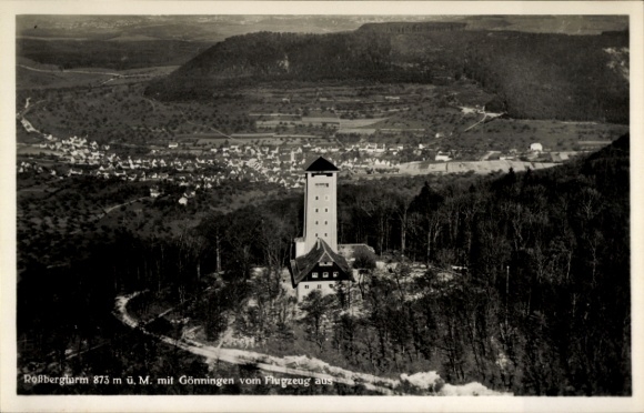 Ak Gönningen Reutlingen in Württemberg, Gößbergturm, Fliegeraufnahme