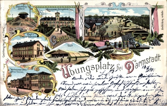 Chromo-Litho Darmstadt in Hesse, military training area, barracks, tent, post office, guard command